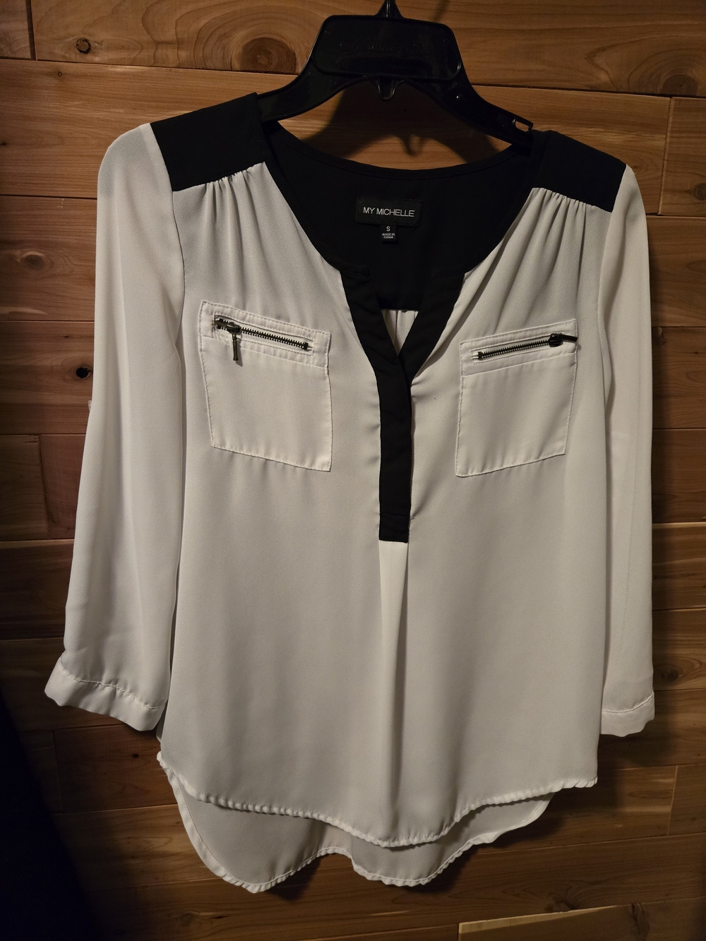 My Michelle White Blouse with Black Trim and Zip Pockets